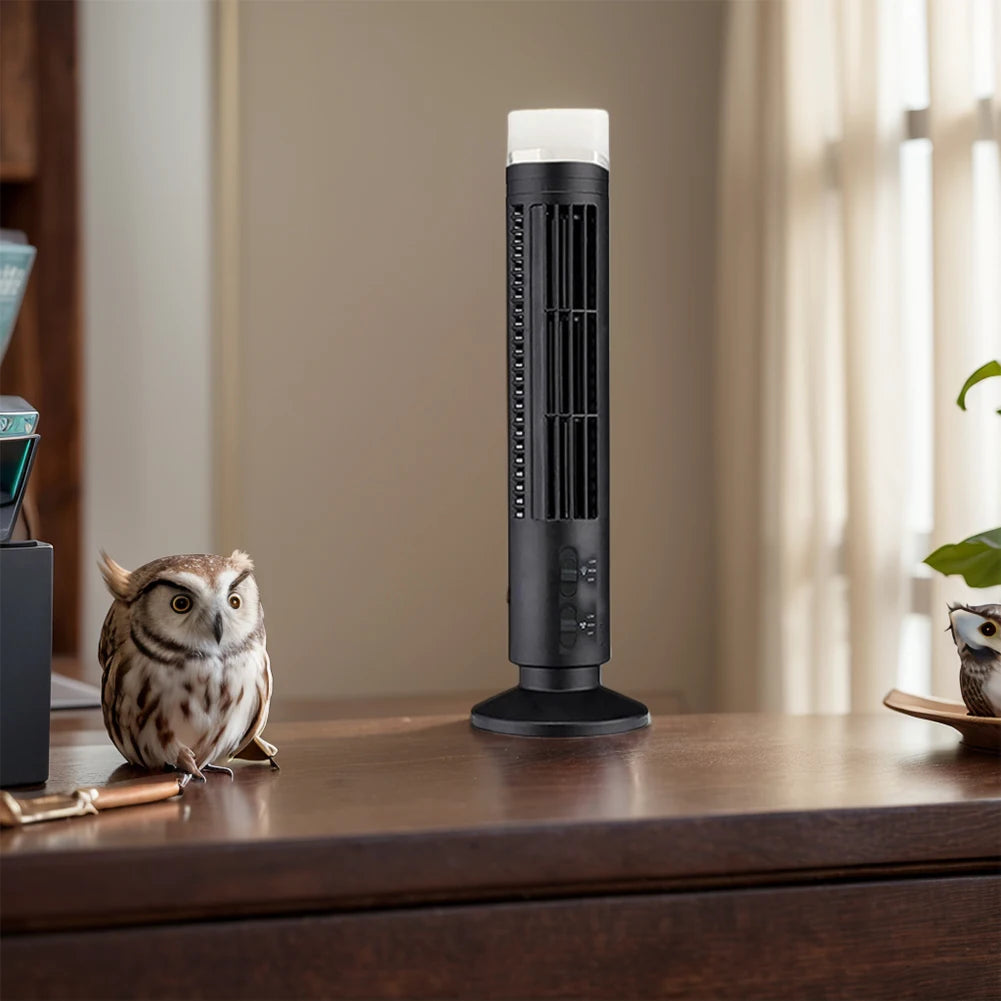 LED Bladeless Tower Fan — USB Powered, 2-Speed, Safe for Kids & Pets, Space-Saving Design
