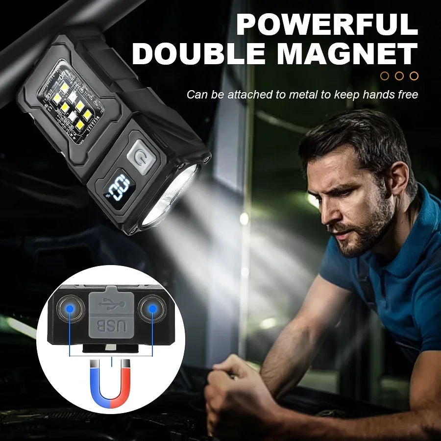 Mini USB Rechargeable LED Flashlight — Magnetic Tail, COB Side Light, Camping Lantern