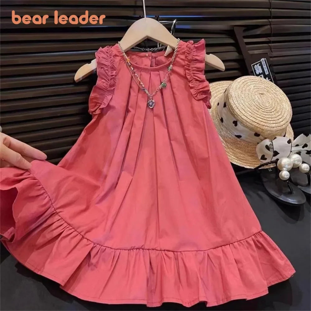 Korean Sleeveless Pleated Girls Dress — Solid Color Round Neck Summer Kids Dress