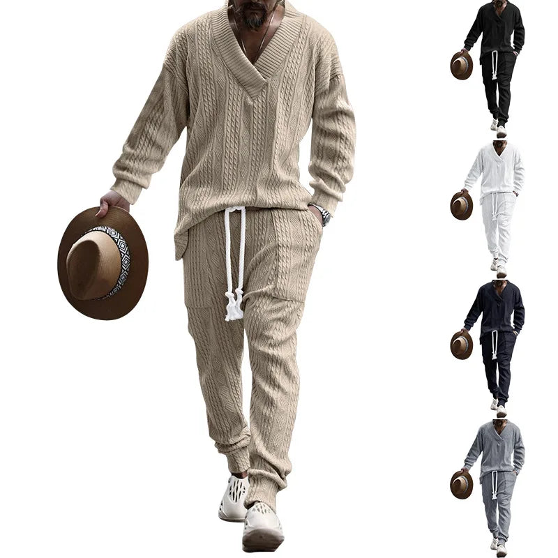 Men's Jacquard Knit Sweater & Casual Trousers Two-Piece Set