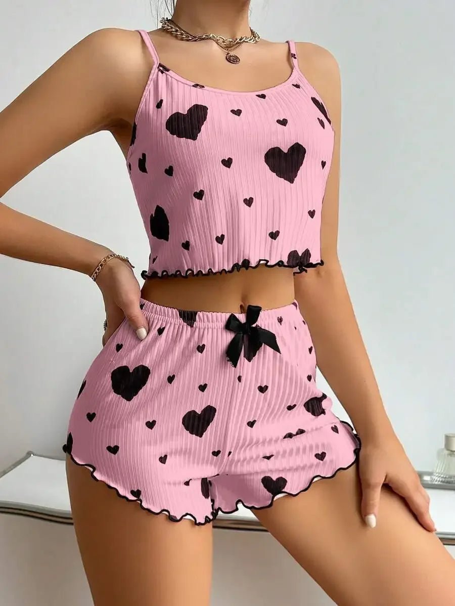 Women's Kawaii Y2K Lolita Heart Silk Pajama Set | Cami Top & Shorts Loungewear