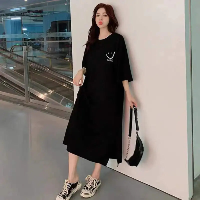 Women's Short Sleeve T-Shirt Dress – Loose Mid-Length Over Knee Casual Summer Dress