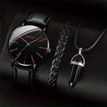 Men's 3-Piece Business Watch Set | Leather Band Quartz Watch + Necklace + Bracelet Gift Set