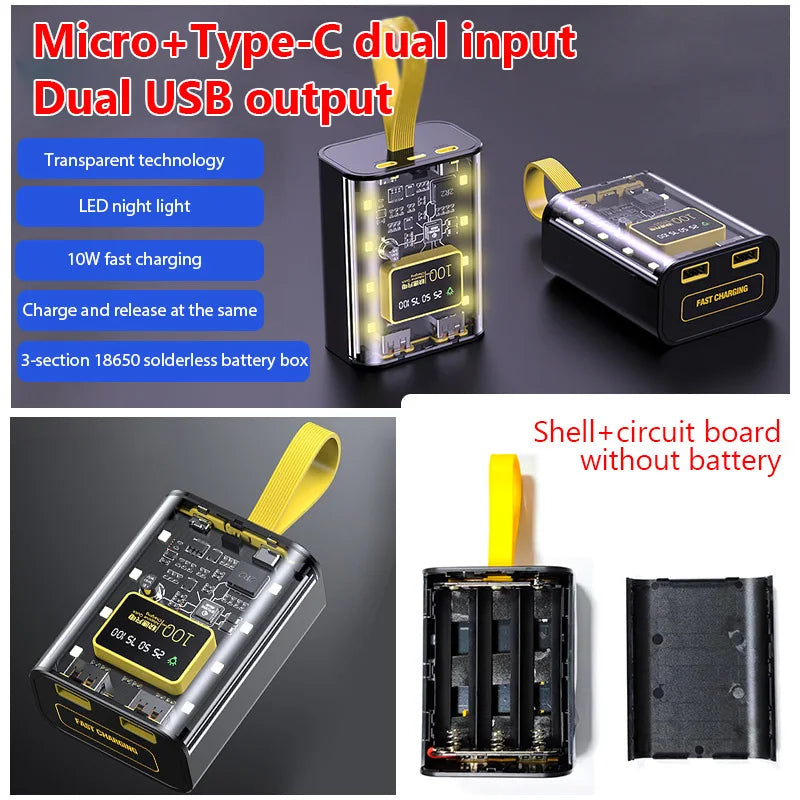 3x18650 DIY Power Bank Case — Dual USB Fast Charge with LED Night Light