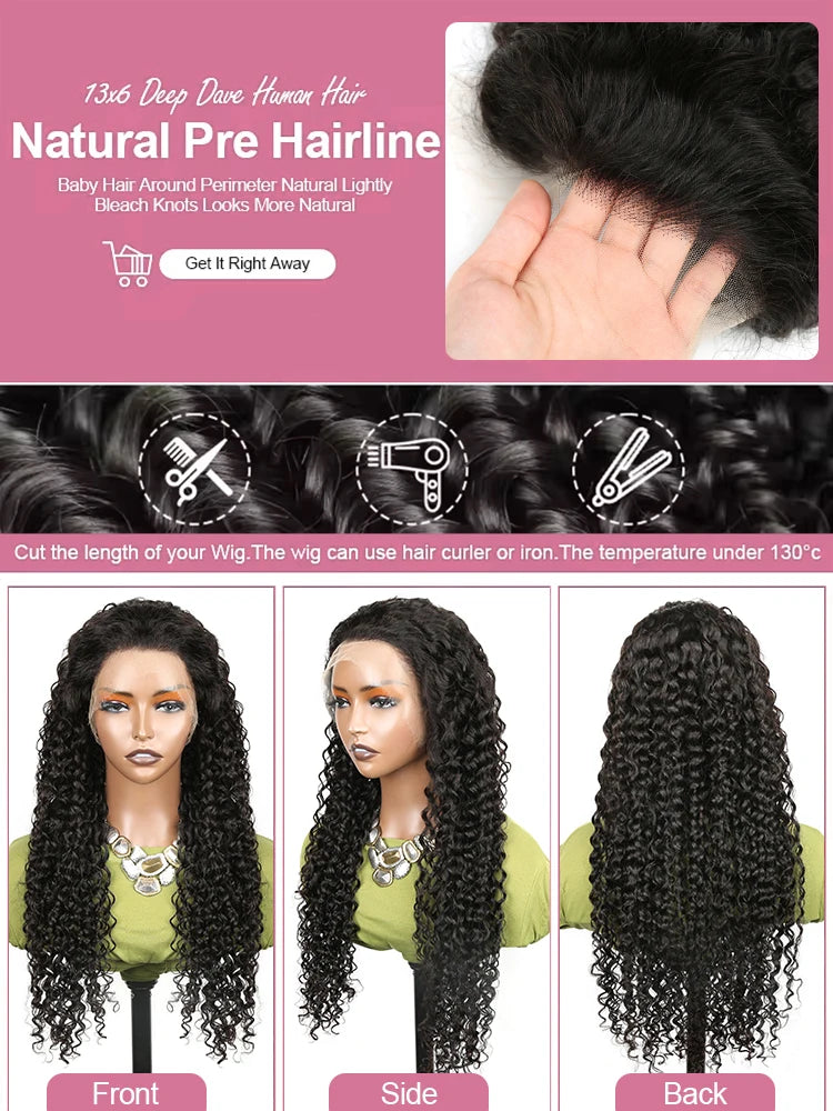40–50 Inch Water Wave Curly Lace Front Wig | 300% Density 13x4 13x6 7x5 HD Glueless Brazilian Human Hair for Women