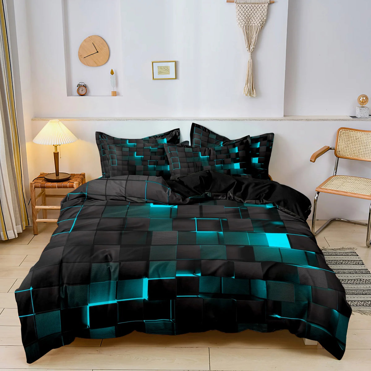 3-Piece Geometric Grid Plaid Duvet Cover Set – 1 Duvet Cover & 2 Pillowcases, Twin to King