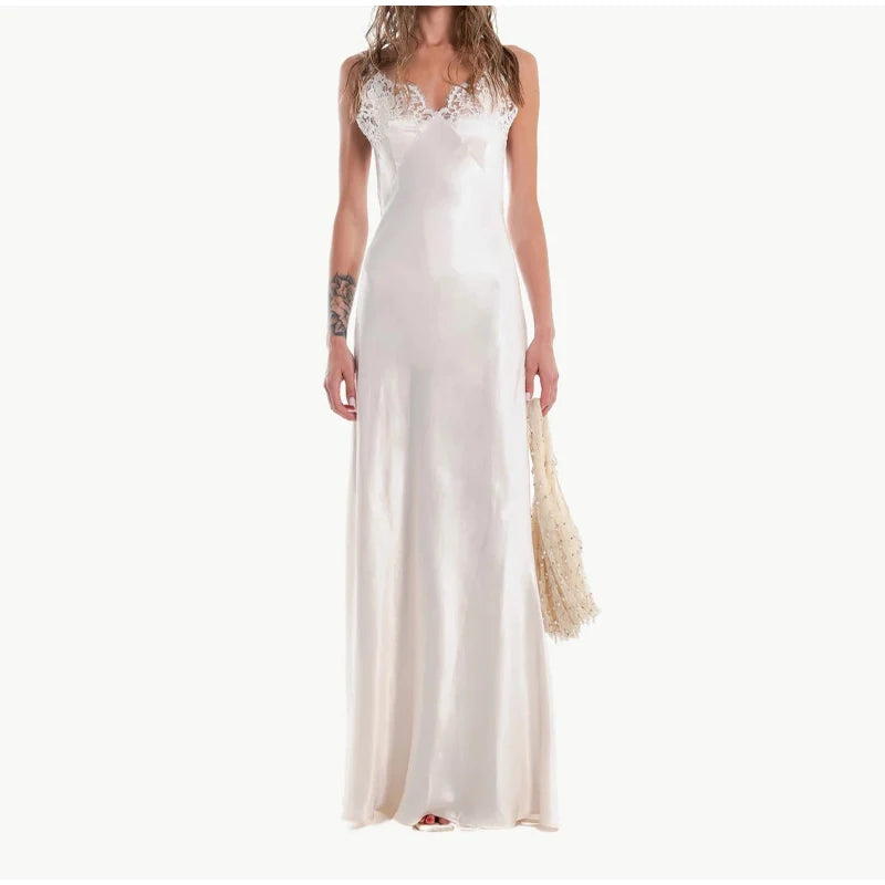 Lace Patchwork Satin Maxi Gown — V-Neck Sleeveless Backless Evening Dress