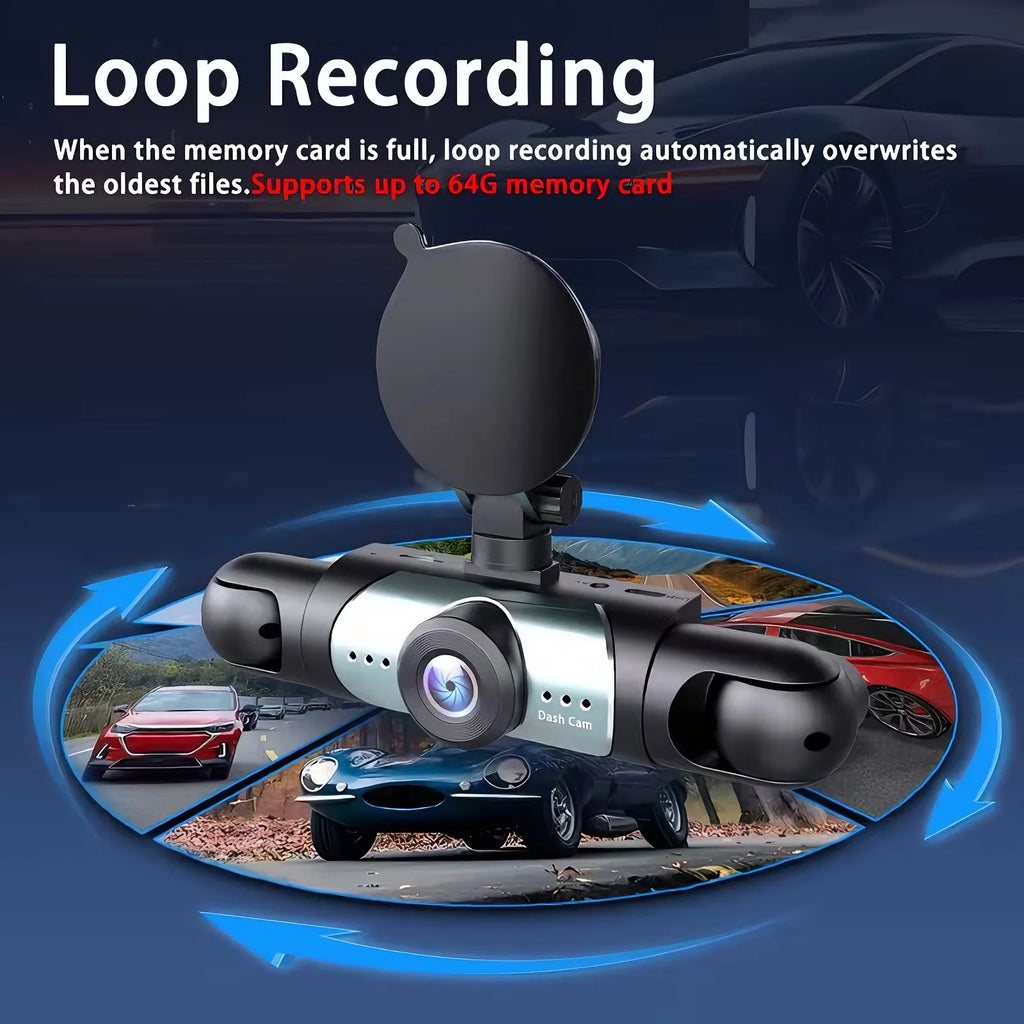 360° 4-Camera Car Dash Cam DVR System – Front, Rear, Interior & Side, Night Vision, Loop Recording