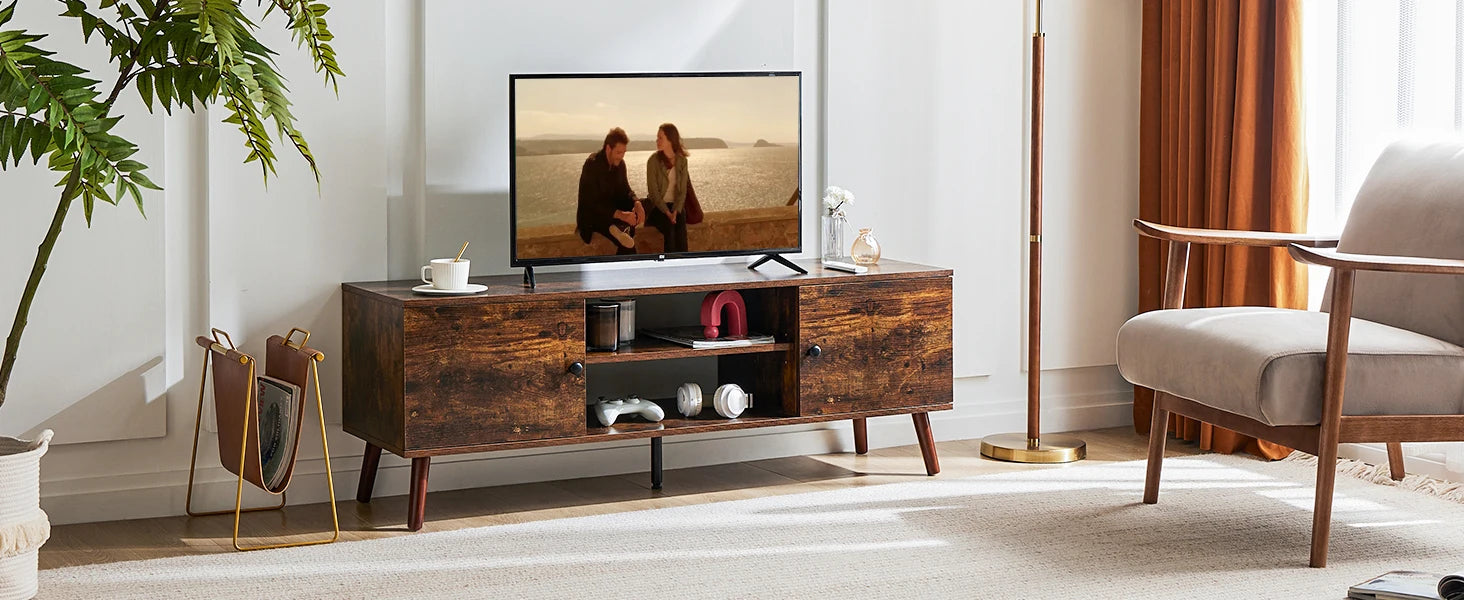 Wooden Fireplace TV Stand for 60" TVs — Entertainment Center with Adjustable Shelf & Storage
