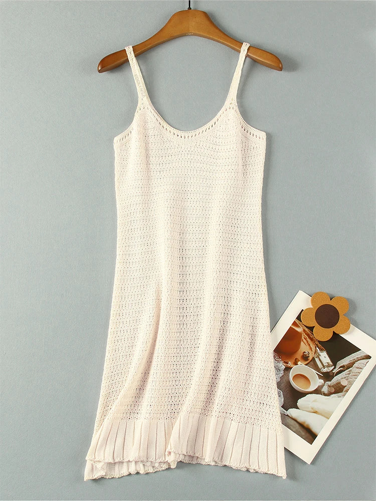 Crochet Halter V-Neck Beach Mini Dress — Ruffle Knit Swimsuit Cover-Up