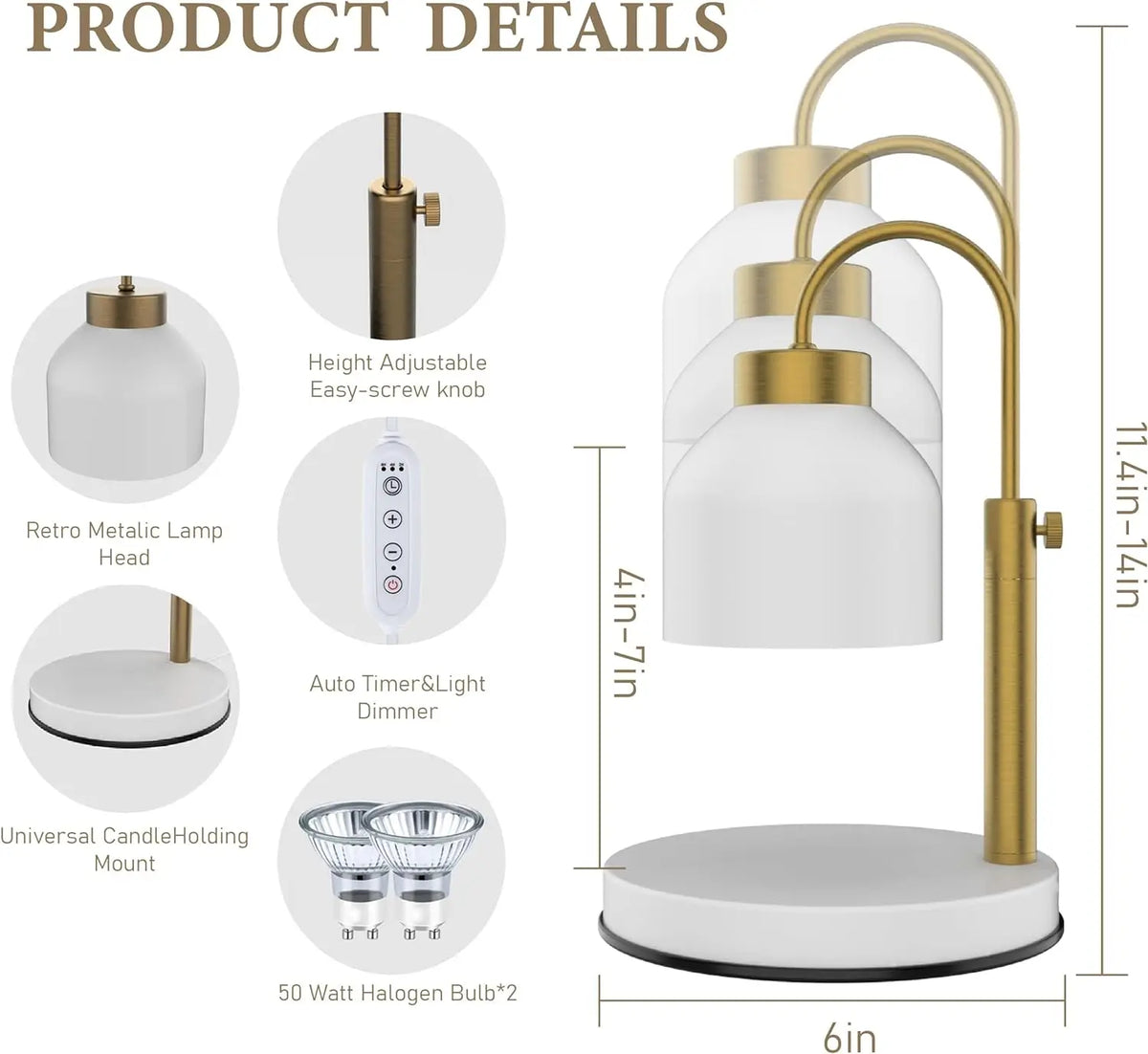 Table lamp with gold accents and white shade, featuring product details on a white background.