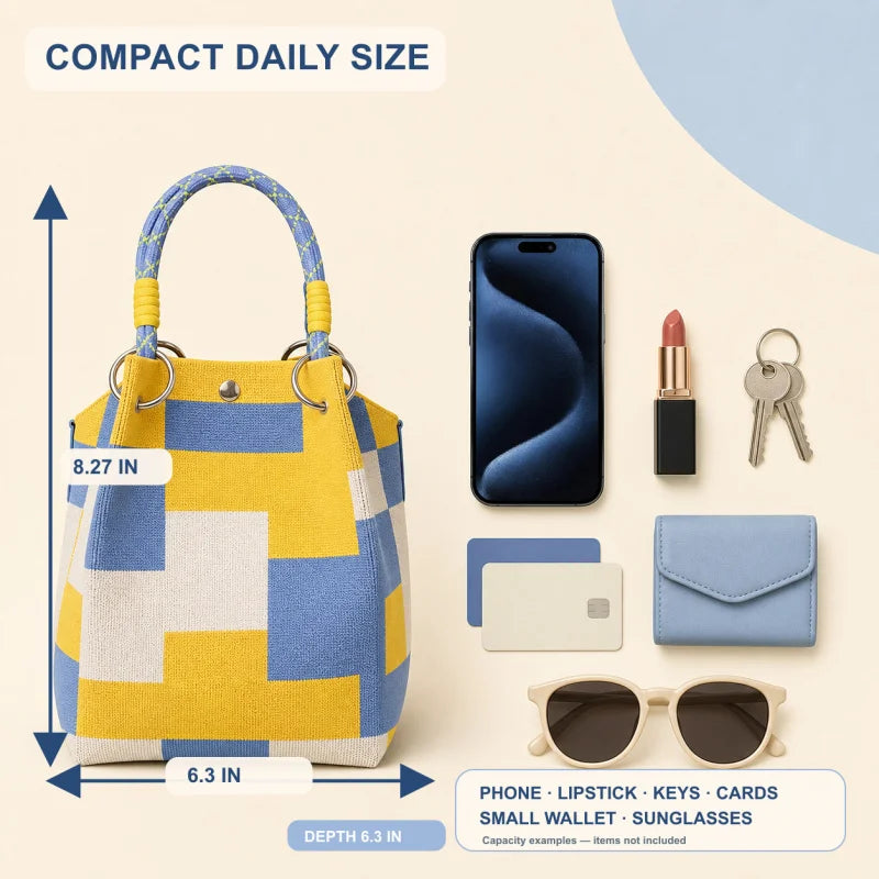 Mini Knitted Geometric Colorblock Bucket Bag – Detachable Handle Wristlet Purse for Women