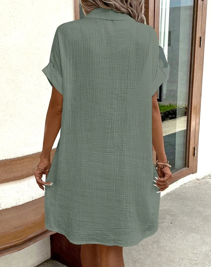 V-Neck Cotton Linen Mini Dress — Three-Quarter Sleeve Casual Holiday Dress