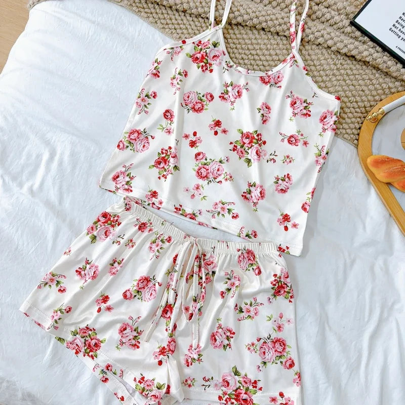 Women's Ice Silk Print Pajama Set | Round Neck T-Shirt & Shorts Breathable Homewear