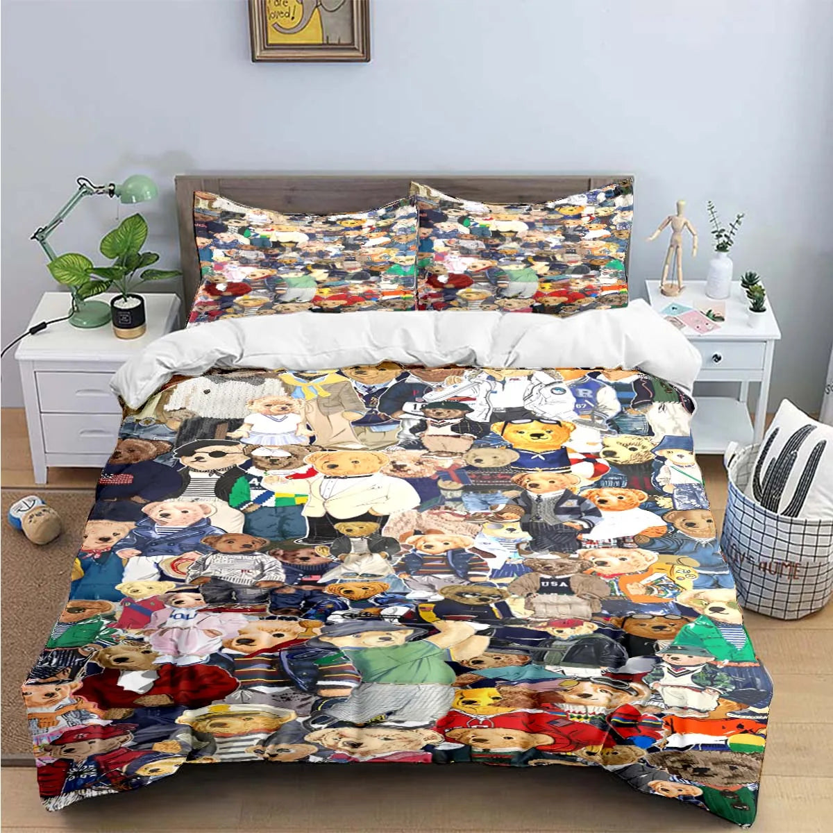 Cute Bear Print Bedding Set – Duvet Cover & Bed Linen, Single to King, Adults & Teens