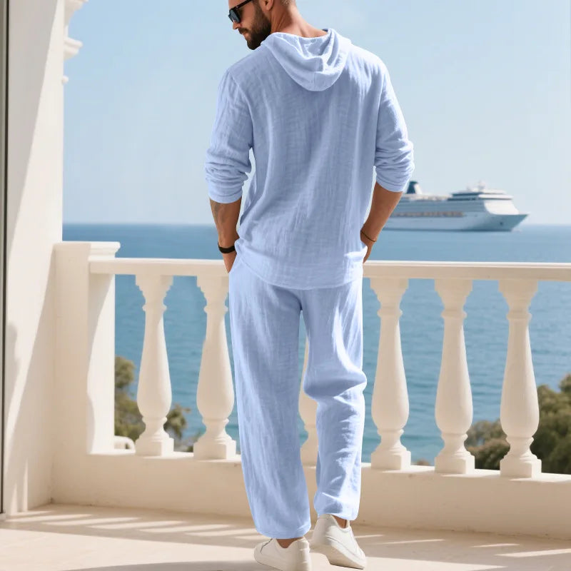 Men's Linen Casual Loose Hooded Henley Shirt & Long Pants Set – Relaxed Autumn 2-Piece Suit
