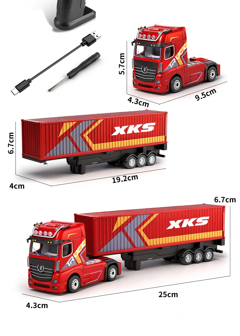1:64 Mini Alloy RC Container Truck with Trailer – 4WD Drift Remote Control Tractor for Kids