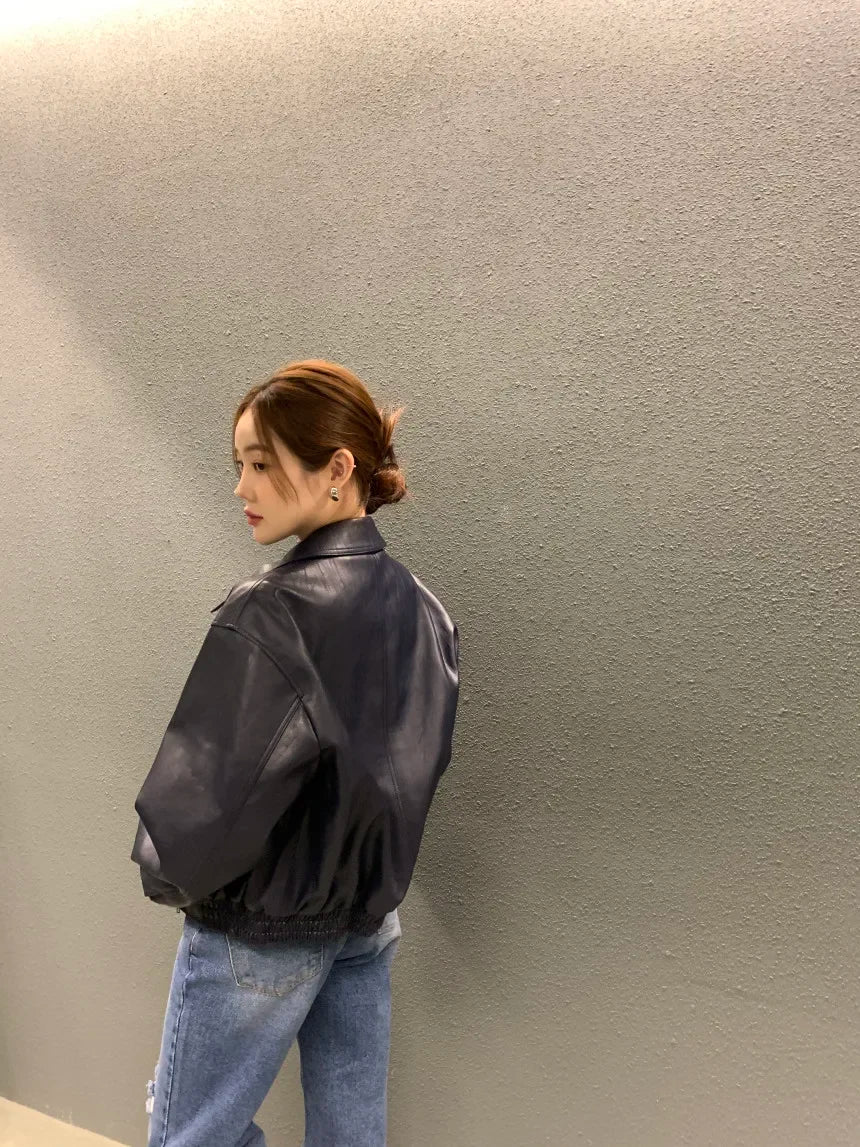 Women's Cropped Faux Leather Jacket – Lapel Zip Front