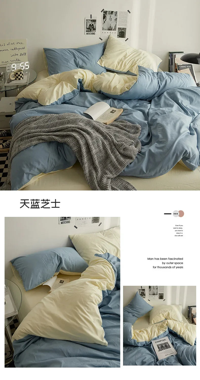 Solid Color Washed Cotton Bedding Set – 4-Piece Duvet Cover, Bed Sheet & Pillowcases, Twin to King