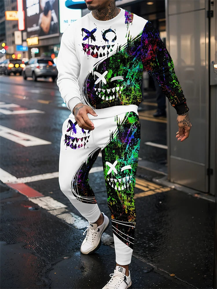 Men's Retro Quilted Print Long Sleeve T-Shirt & Pants Set – Casual Street Sport 2-Piece