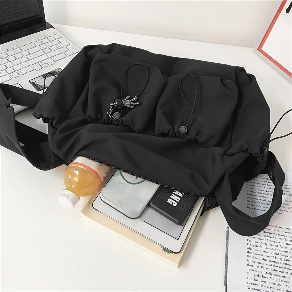 Fashionable Drawstring Crossbody Bag – Spacious Zipper Closure Shoulder Bag with Bag Charm