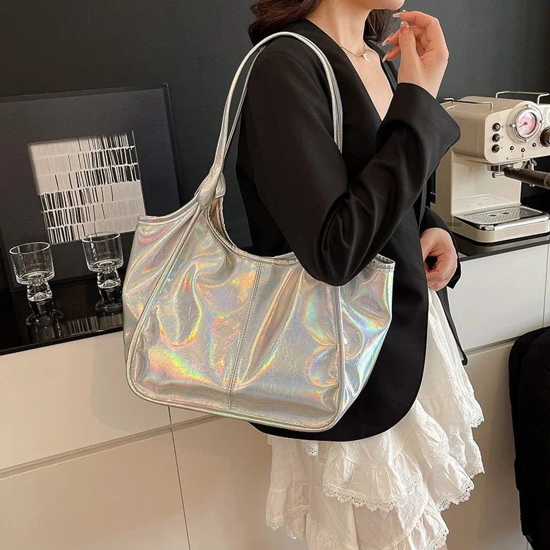 Silver TPU Large Capacity Tote Bag – Luxury Business Shoulder Handbag for Women