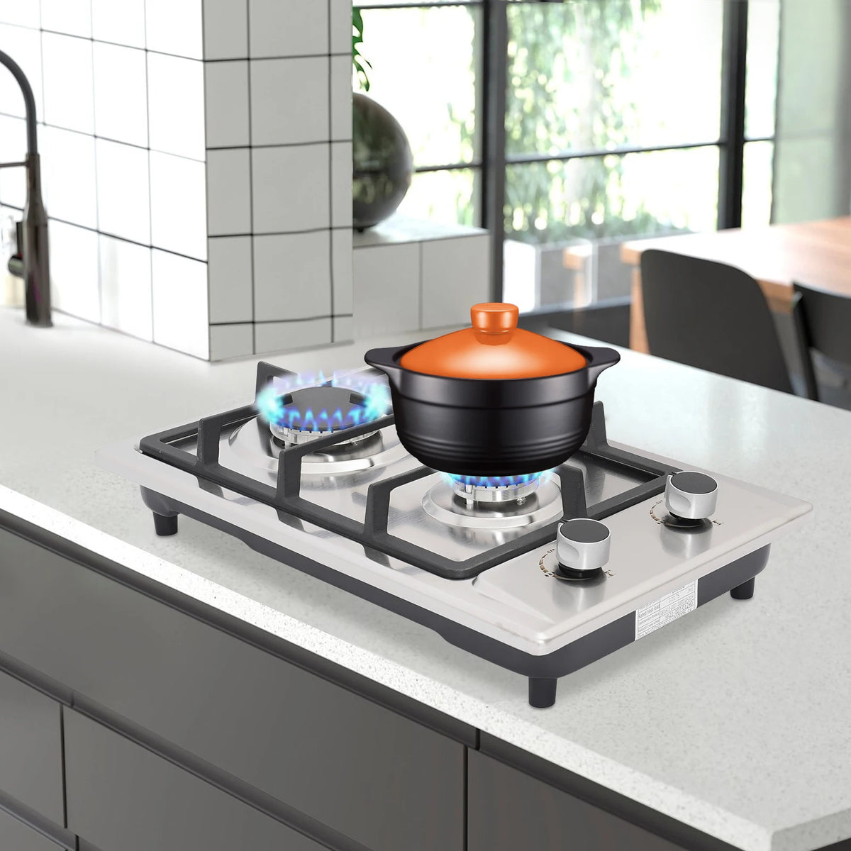 2-Burner Stainless Steel Gas Hob – 3KW + 1.75KW, Portable Countertop or Flush Mounted, 51x31x10cm