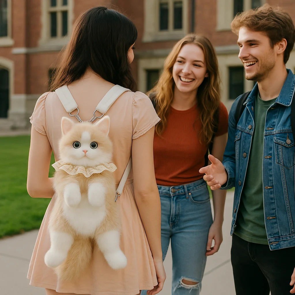 Cute Cat Backpack for Girls, Kawaii Plush Bag, Soft Animal Crossbody Bag for School, Travel & Daily Outfit