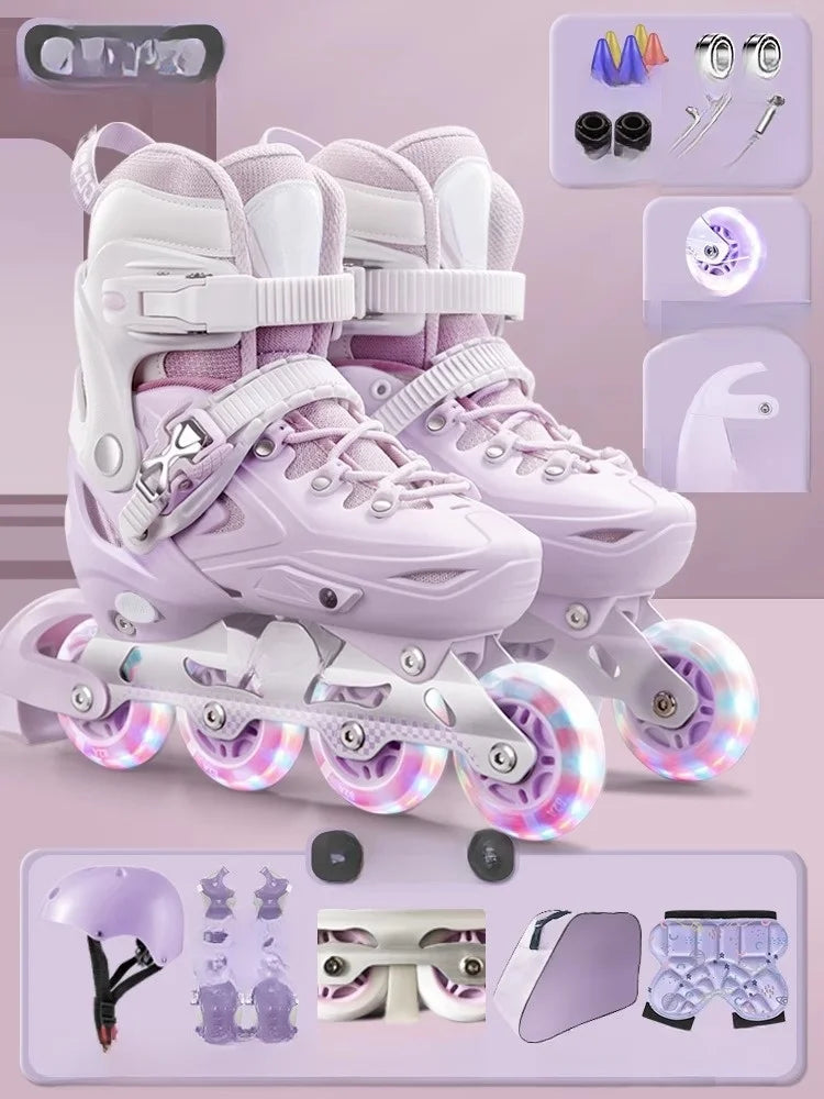 Inline Roller Skate Shoes with Helmet & Pads Set – Flashing 4-Wheel Beginner Adult Unisex Outdoor Skating