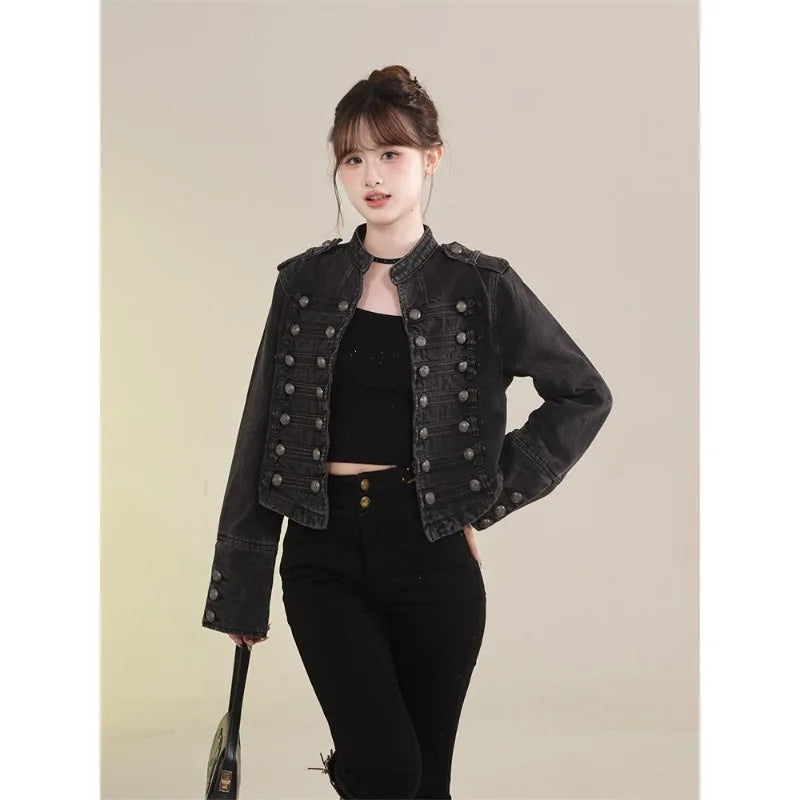 Women's Retro Button Slim Stand Collar Denim Jacket – Short Jean Coat in Black