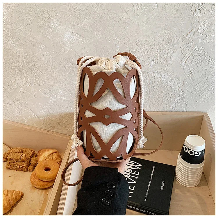 Brilliant Fish Hollow Out Drawstring Mini Bucket Crossbody Bag – Adjustable Strap Shoulder Bag for Women