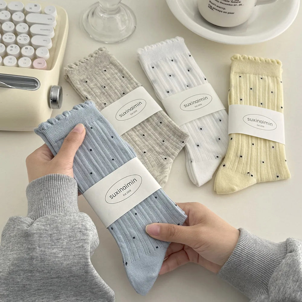 Women's Polka-Dot Crew Socks – Thin Cotton Blend