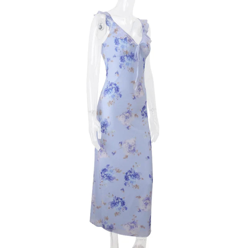 Floral Plunge Backless Maxi Dress — Sexy Fairy Beach Vacation Dress