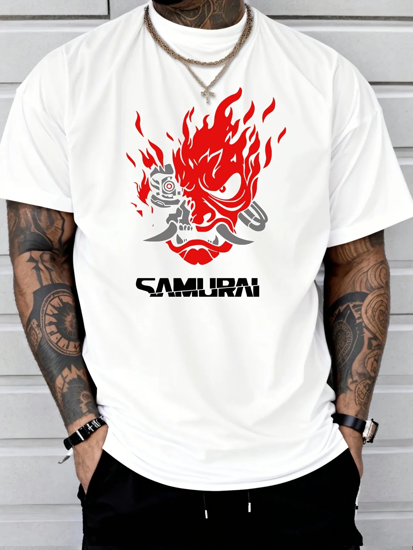 Samurai Print 100% Cotton T-Shirt — Hip-Hop Streetwear Short Sleeve Tee