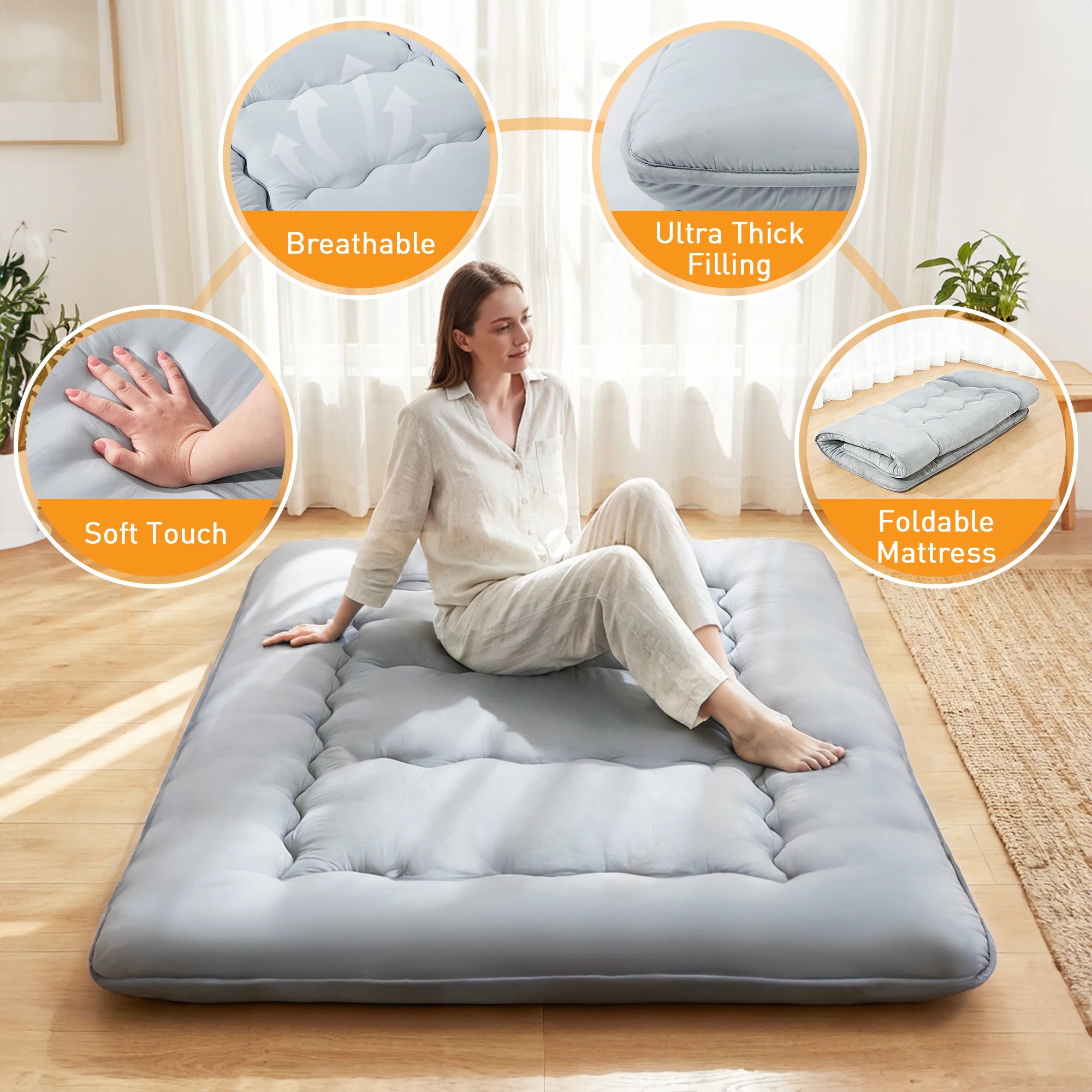 No More Back Pain — JHK 4" Soft Floor Mattress | 5-Layer High-Density Foam, Washable Cover, Foldable Twin Full Queen