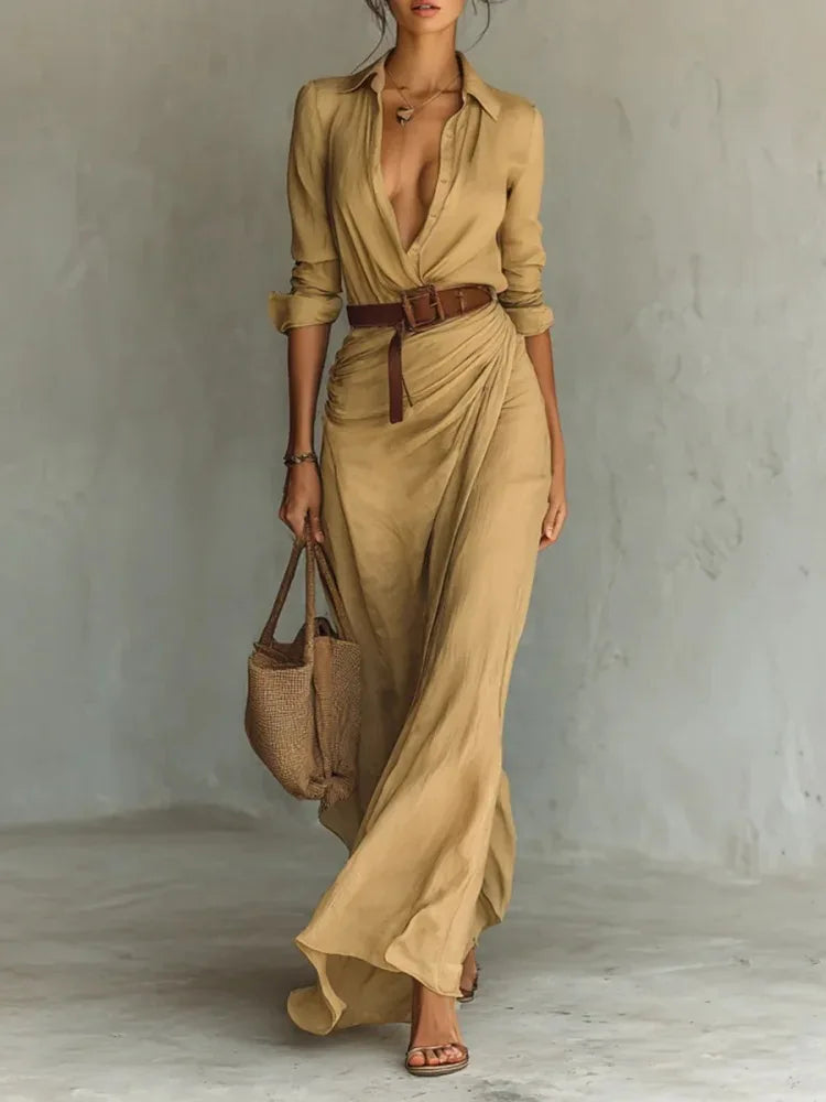Strapless Pleated Belted Beach Dress — Chic Asymmetrical Slim Evening Dress