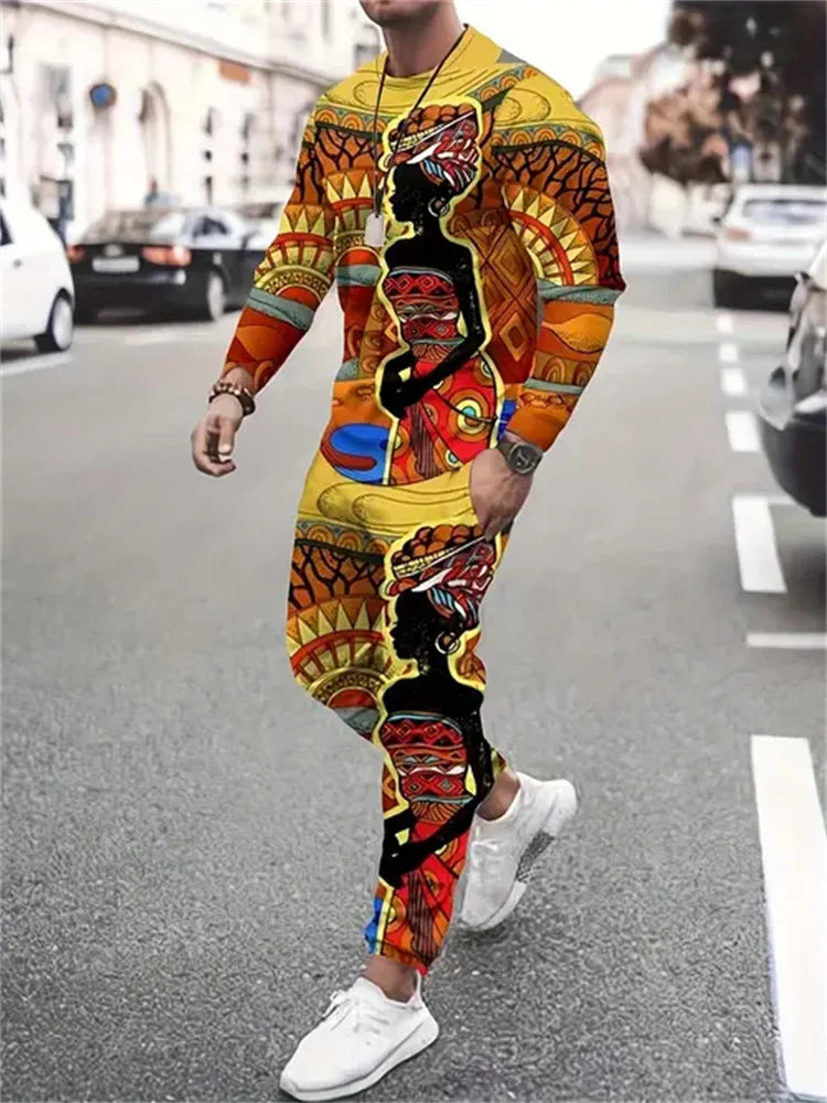 Men's Retro Quilted Print Long Sleeve T-Shirt & Pants Set – Casual Street Sport 2-Piece