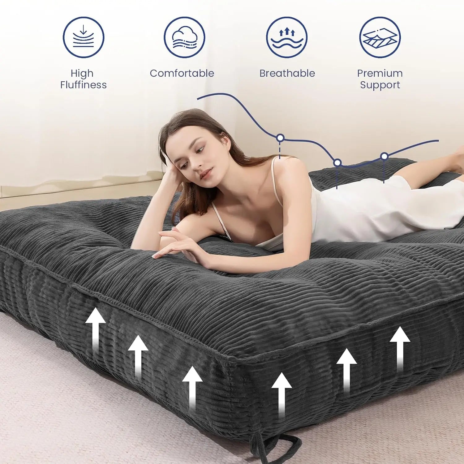 8" Thick Futon Mattress Full Size Shredded Foam Medium Firm Roll Up Folding Floor Sofa Bed Adults Customized