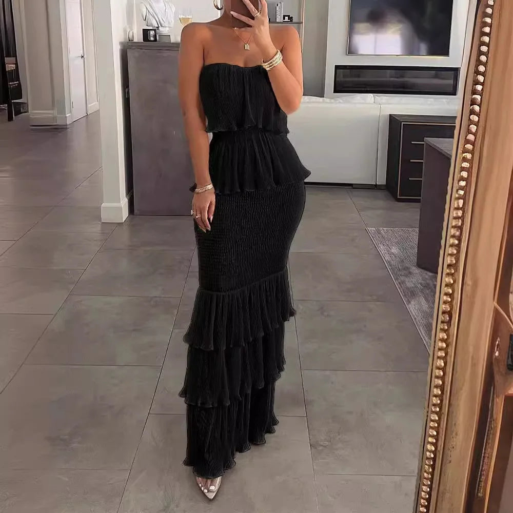 Bandeau Shirred Ruffle Layered Maxi Dress — Slim Fit Sleeveless Elegant Long Dress