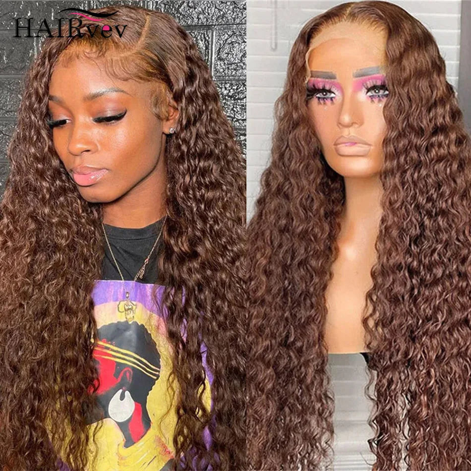 Chocolate Brown Curly 13x4 Lace Front Wig Human Hair Water Wave Brazilian Wig HD Lace 36 Inch for Women 13x6 Frontal Wig