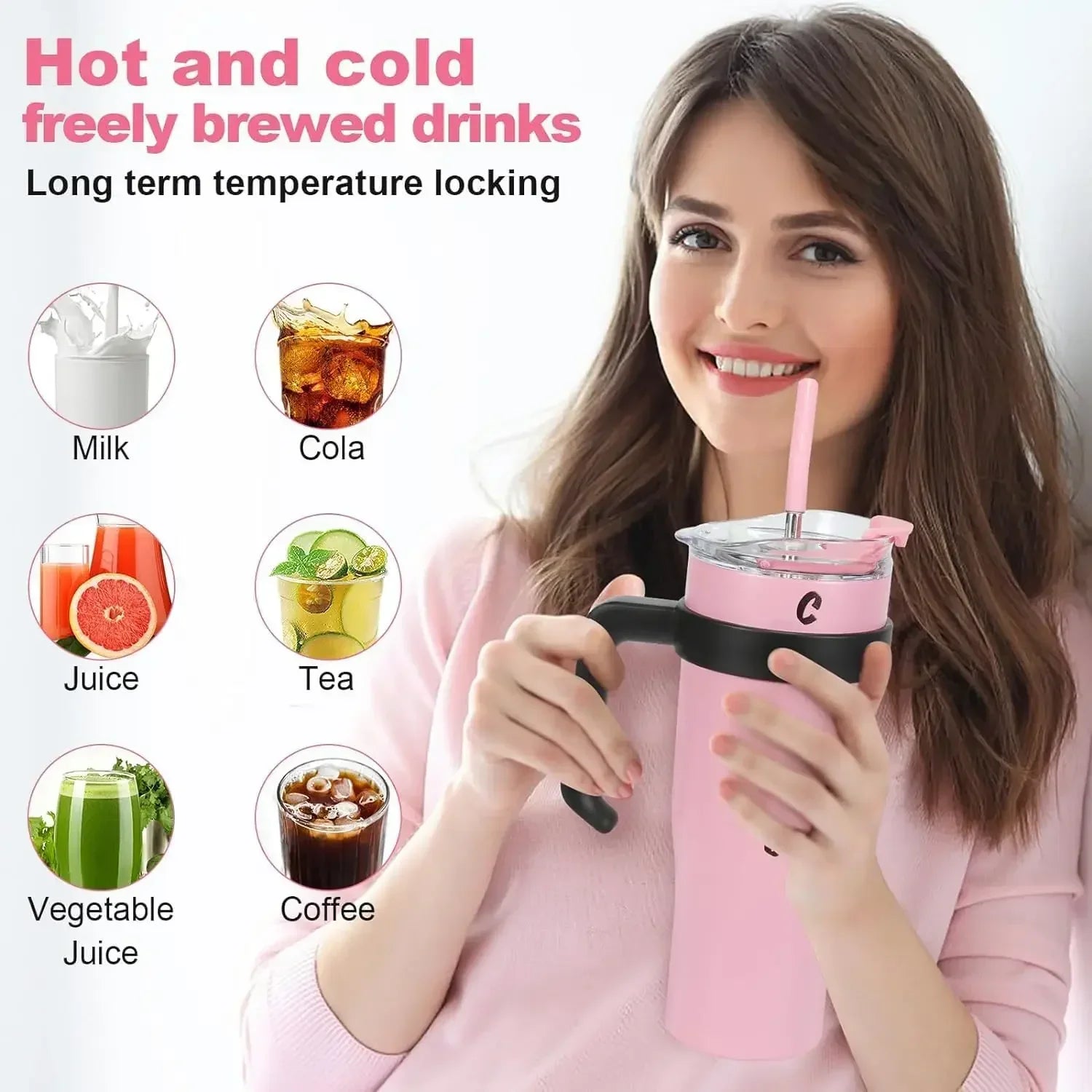 1200ml Stainless Steel Vacuum Insulated Tumbler with Straw – 6–12Hr Thermal, CIQ Certified, Outdoor & Travel, Pink & Black