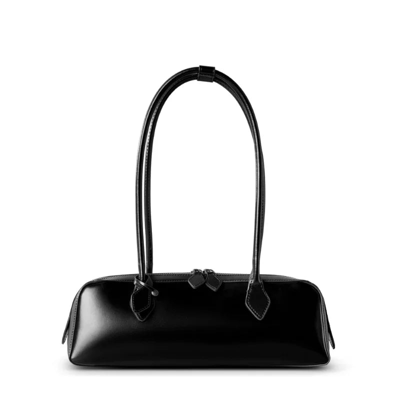 Vintage Genuine Leather Baguette Shoulder Bag – Korean Luxury Underarm Handbag for Women