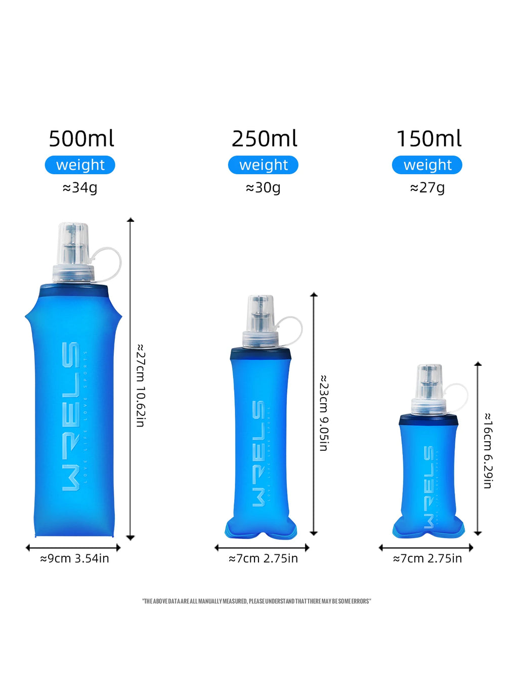 WRELS Collapsible Soft Flask Water Bottle – BPA-Free TPU Foldable Running Bottle for Hiking, Camping & Travel, 150/250/500ml