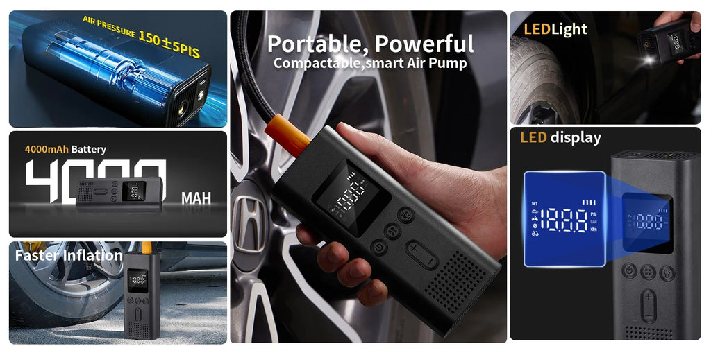 Cordless Portable Car Tire Inflator – Digital 150PSI Electric Air Pump for Cars, Bikes & More, 4000mAh or 6000mAh