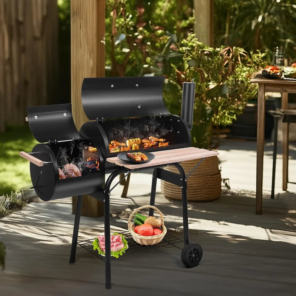 Portable Outdoor Barbecue Grill with Offset Smoker | Alloy Steel, Lid Thermometer, Wooden Handle, Wheels & Storage Tray, Patio, Picnics & Camping