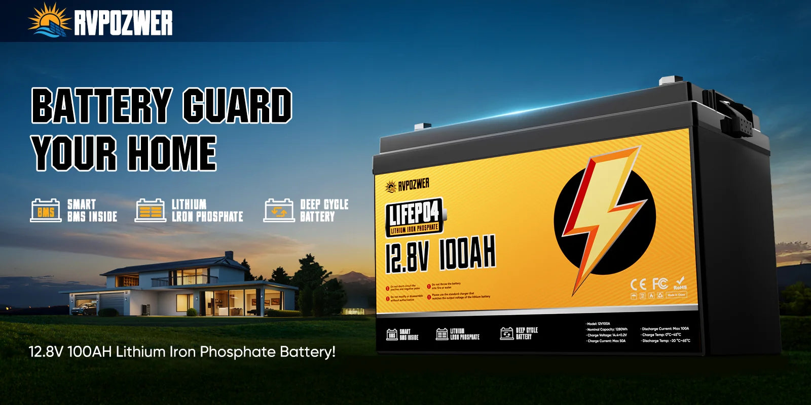 RVPOZWER 12V 100Ah LiFePO4 Lithium Battery — 1280Wh, 100A BMS, 6000+ Cycles, Solar & RV Power