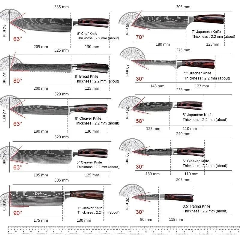 Damascus Kitchen Knife Set — Japanese Santoku, Cleaver, Slicing & Boning Knives