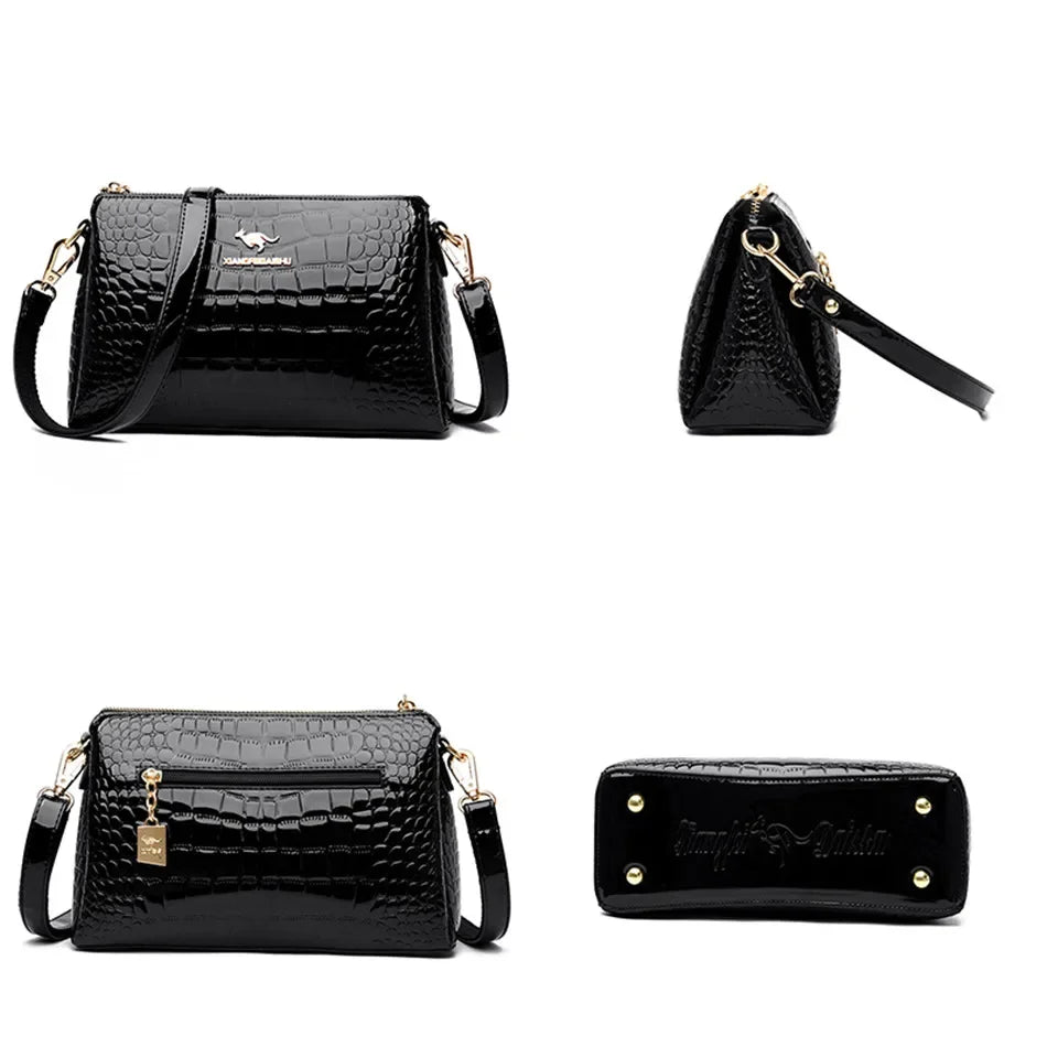 Luxury PU Alligator 3-Layer Flap Shoulder Bag – Sequin Crossbody Handbag for Women