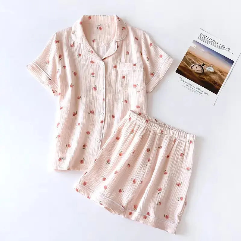 Women's 100% Cotton Short Sleeve Shorts Pajamas Set | Thin Crepe Cloth Spring Autumn Loose Homewear