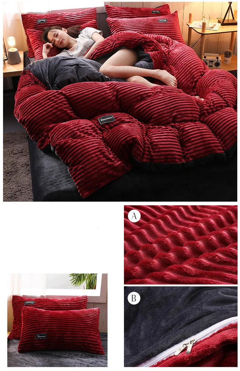 Double-Sided Velvet Duvet Cover Set – Warm Winter 3-Piece Bedding with Zipper & Corner Ties, 11 Colors & 4 Sizes